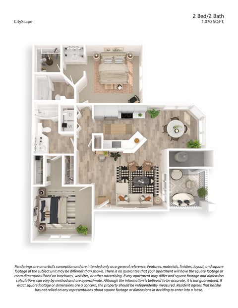 Floor plan for 2 beds, 2 baths, 1070 sqft